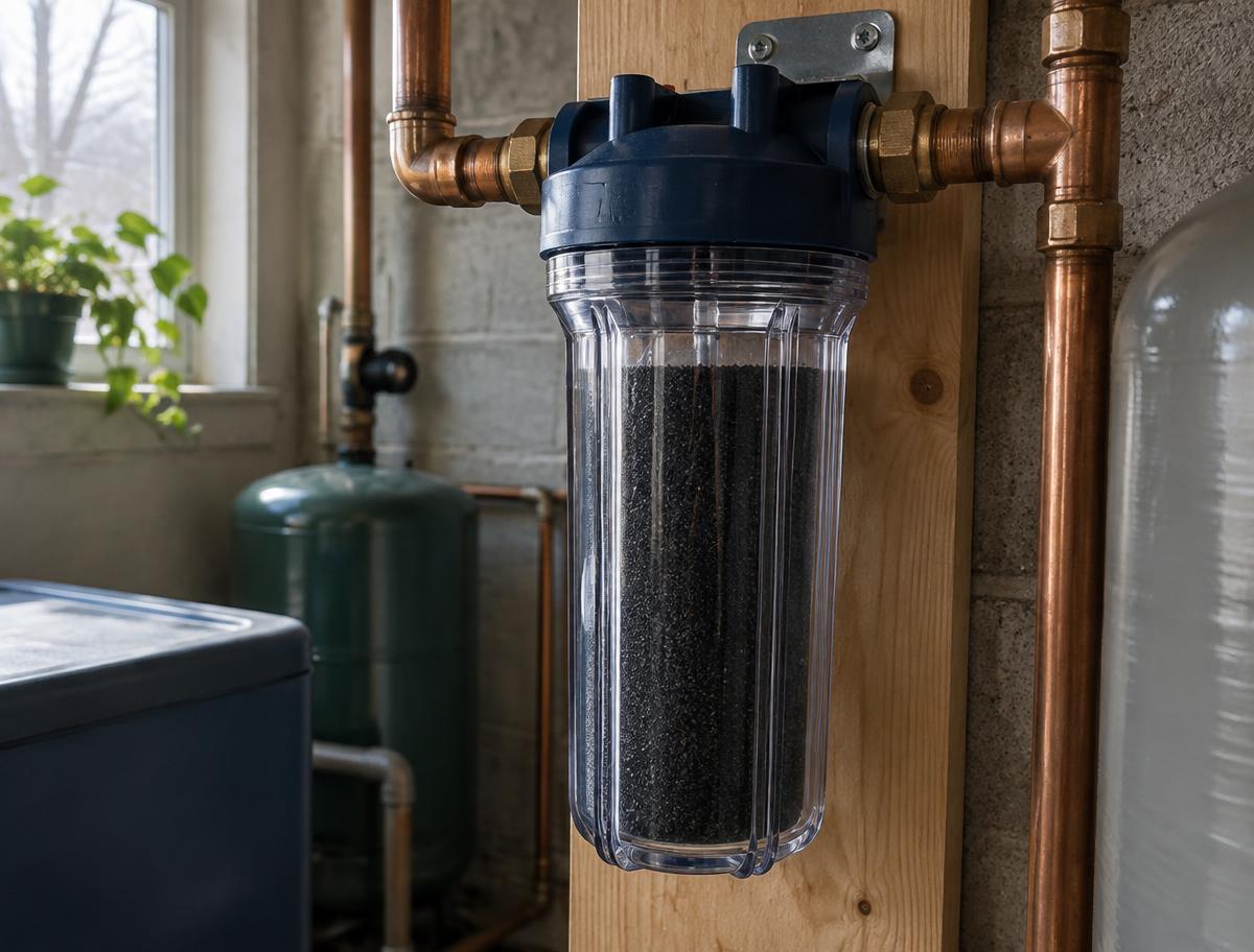 Clear filter housing filled with dark activated carbon media on copper plumbing in a basement utility room