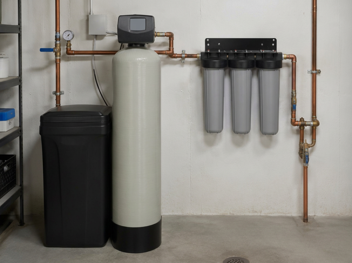Unbranded water treatment tanks and filter housings on copper plumbing in a basement