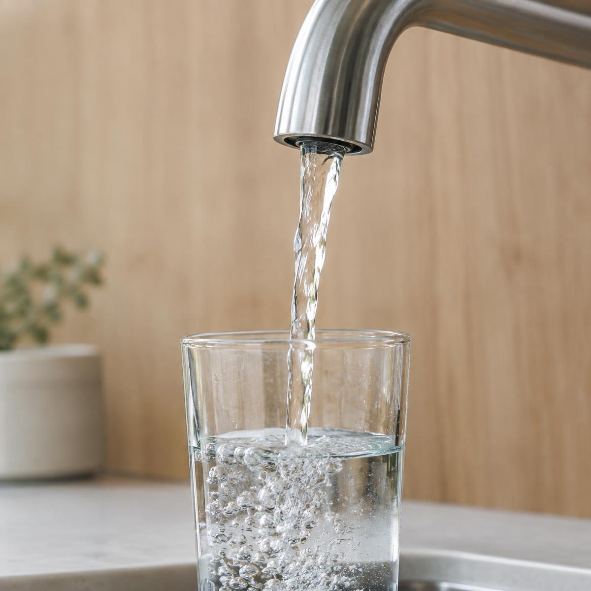 Water pouring into a drinking glass at a kitchen faucet
