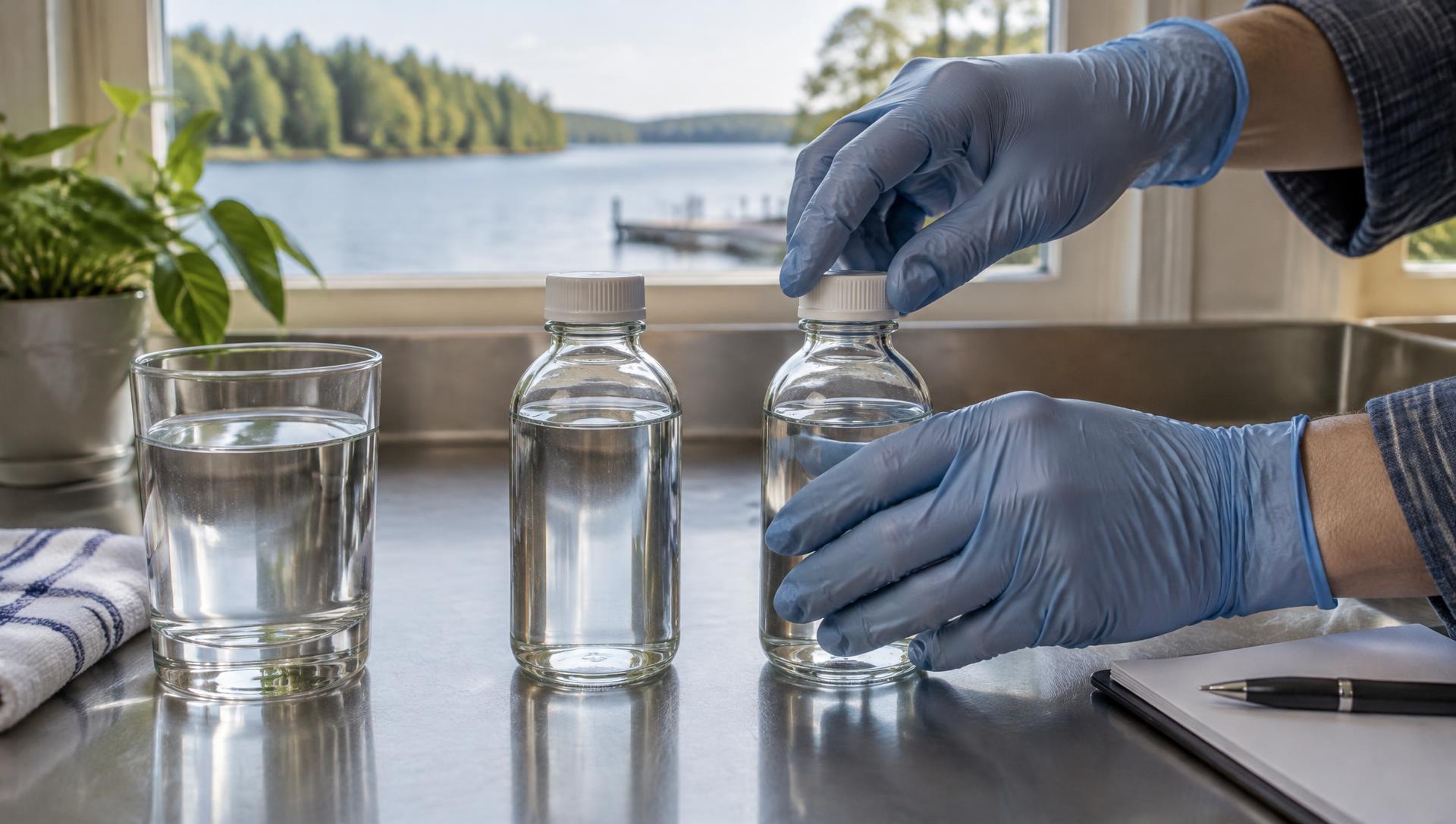 Illustrative scene of gloved hands closing a clear water sampling bottle beside a glass of water with a Minnesota lakeshore outside a window