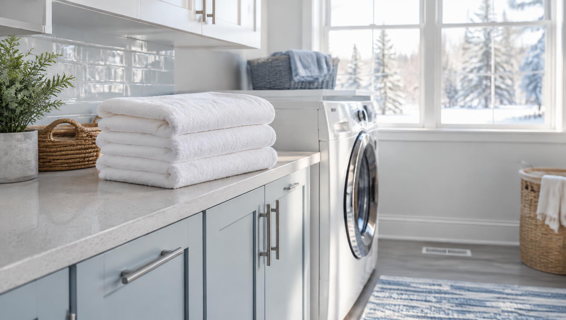 Soft white towels folded in a bright laundry room, the kind of everyday result softened water delivers