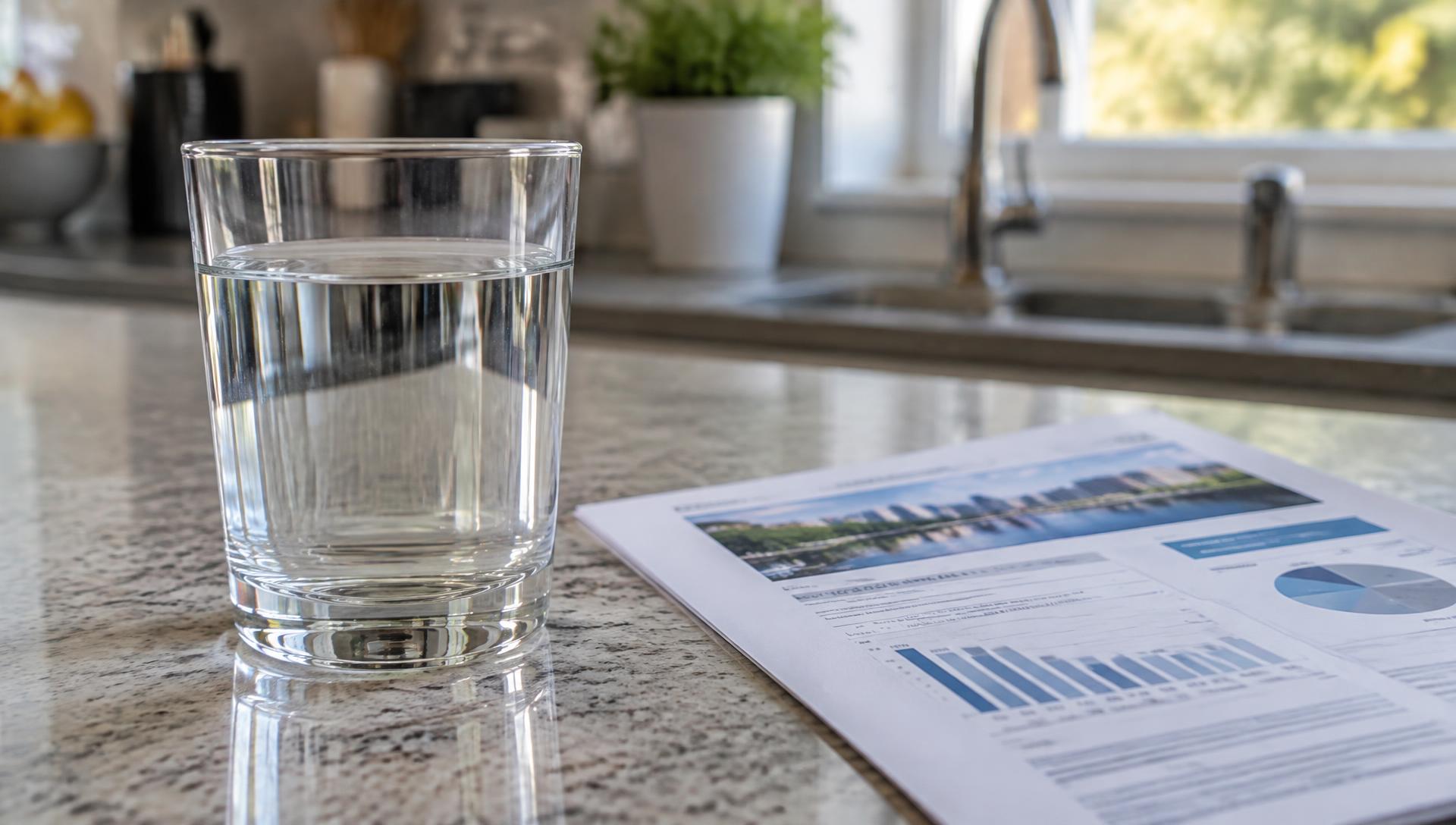A clear glass of tap water on a kitchen counter beside a city water quality report