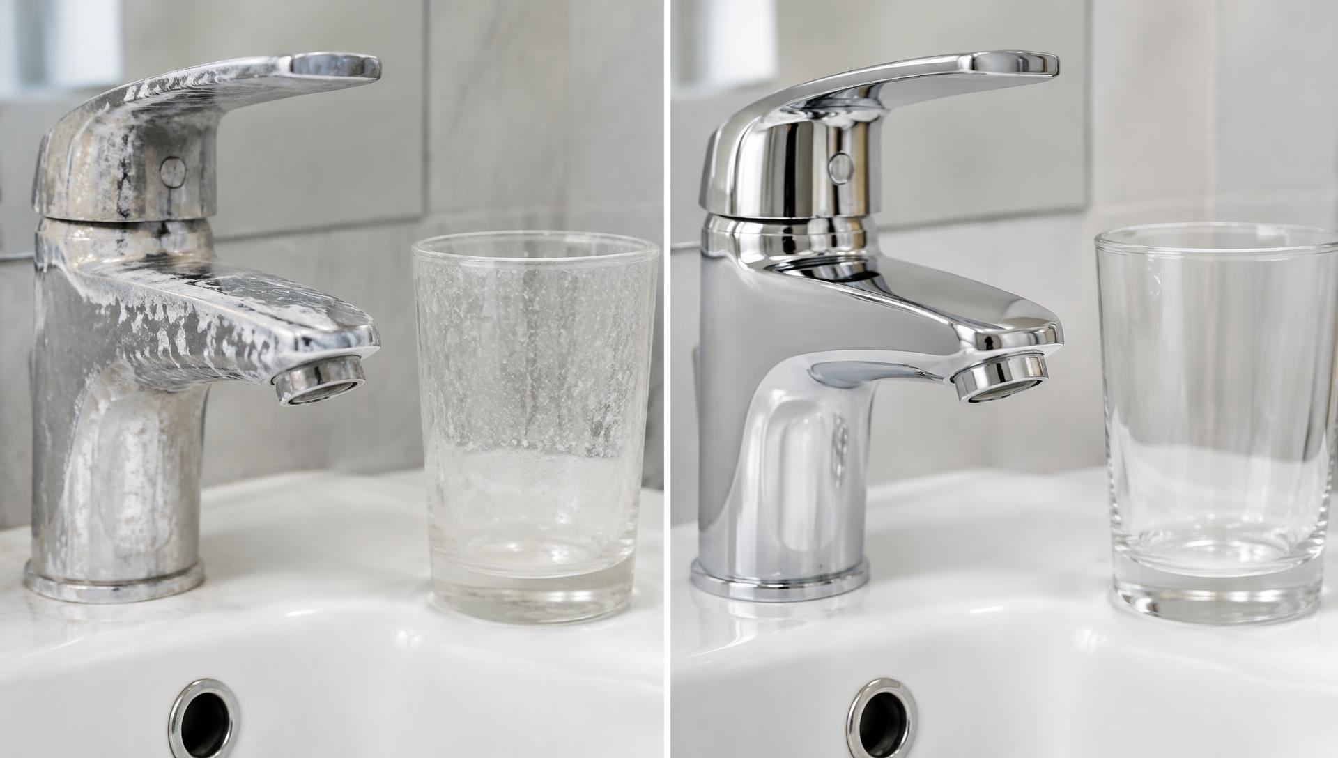 Split view of a limescale-crusted faucet with a spotted glass beside a sparkling clean faucet with a clear glass