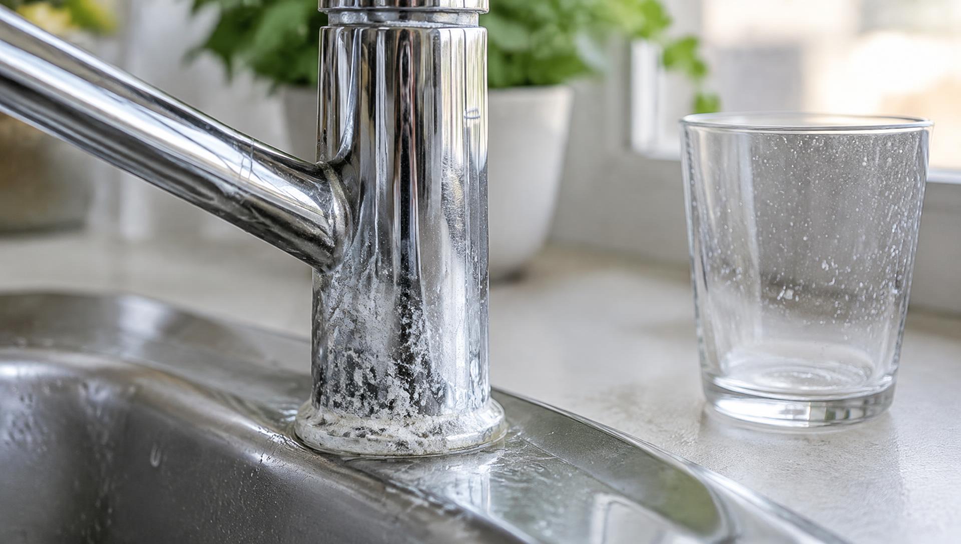 A chrome kitchen faucet with white limescale buildup at its base and a water-spotted glass beside it