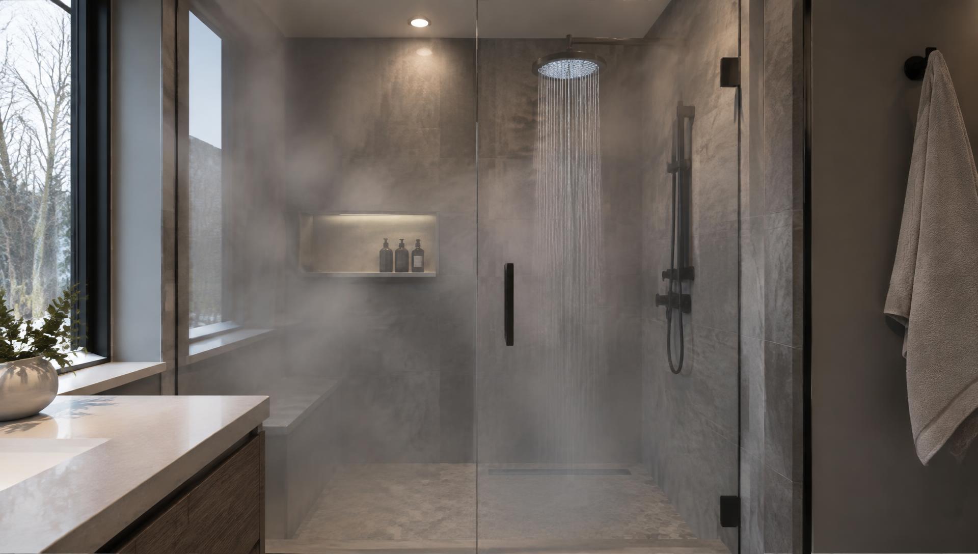 Walk-in shower with a rainfall showerhead and steam, an illustrative photo