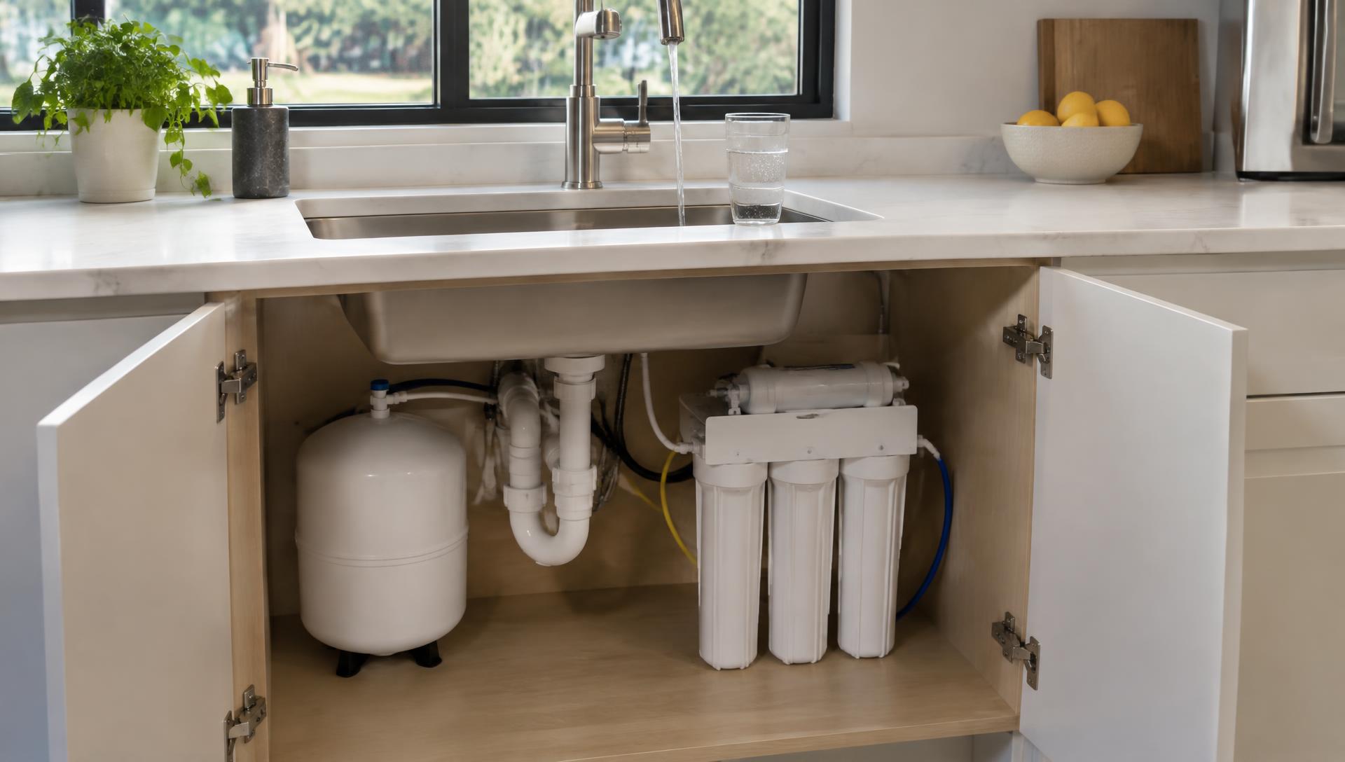 A reverse osmosis filtration system installed under a kitchen sink with a glass of filtered water on the counter above