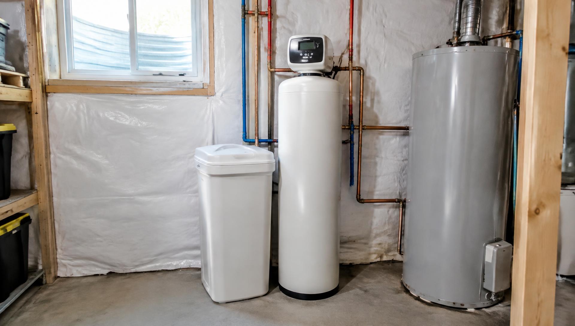 A professionally installed water softener and brine tank in a clean basement utility room next to a water heater