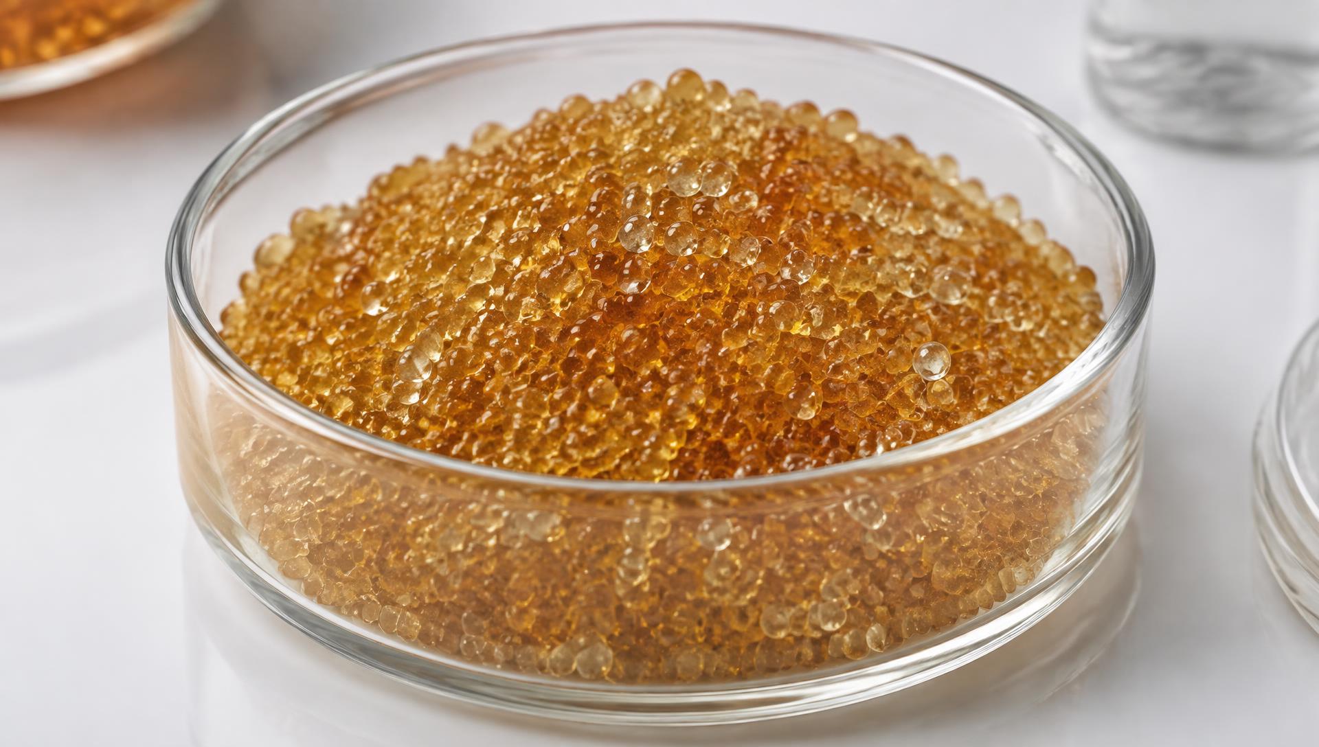 Amber water softener resin beads in a glass dish, the tiny spheres that make ion exchange possible