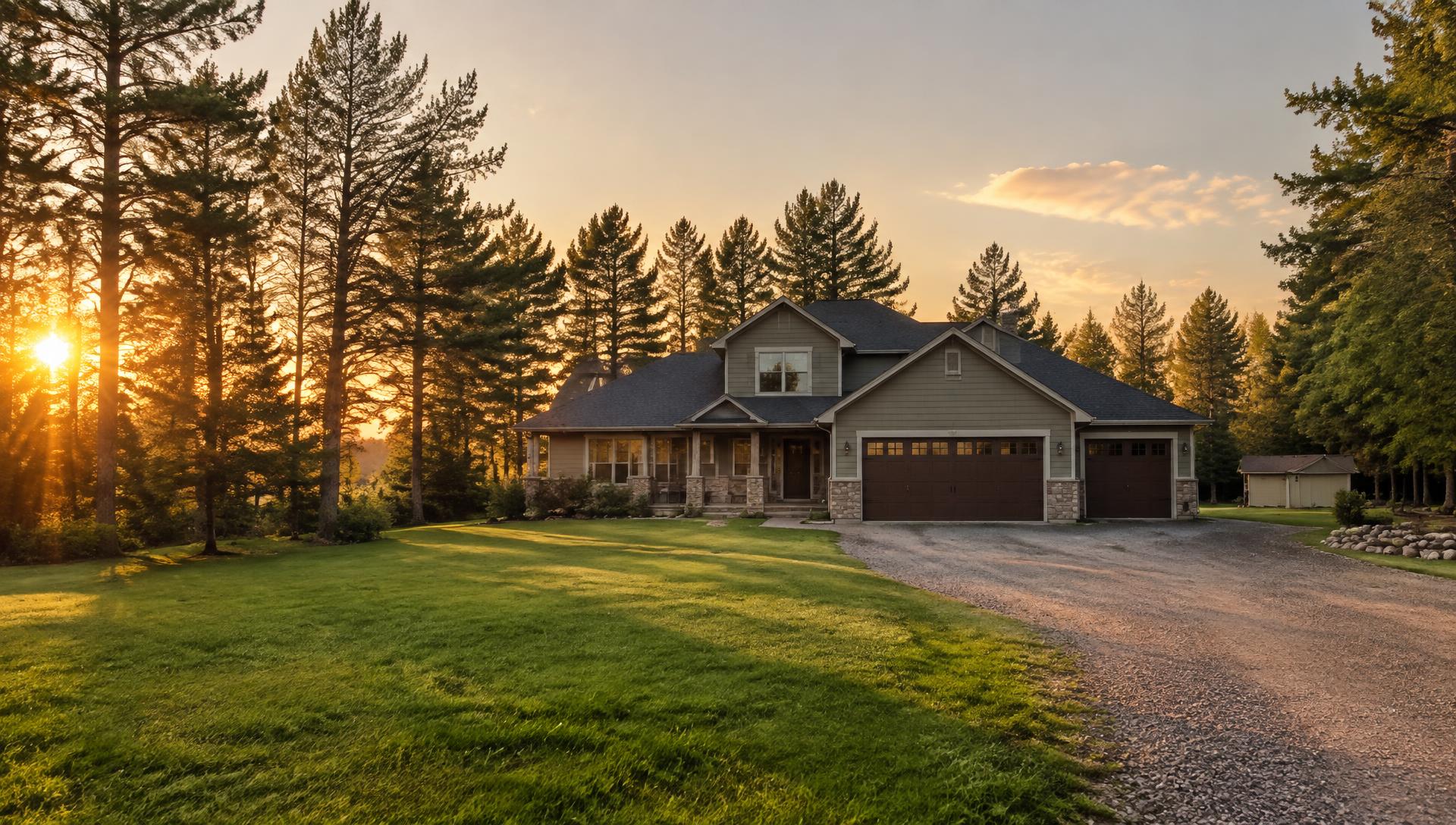 A Minnesota countryside home with a private well, surrounded by pines at golden hour