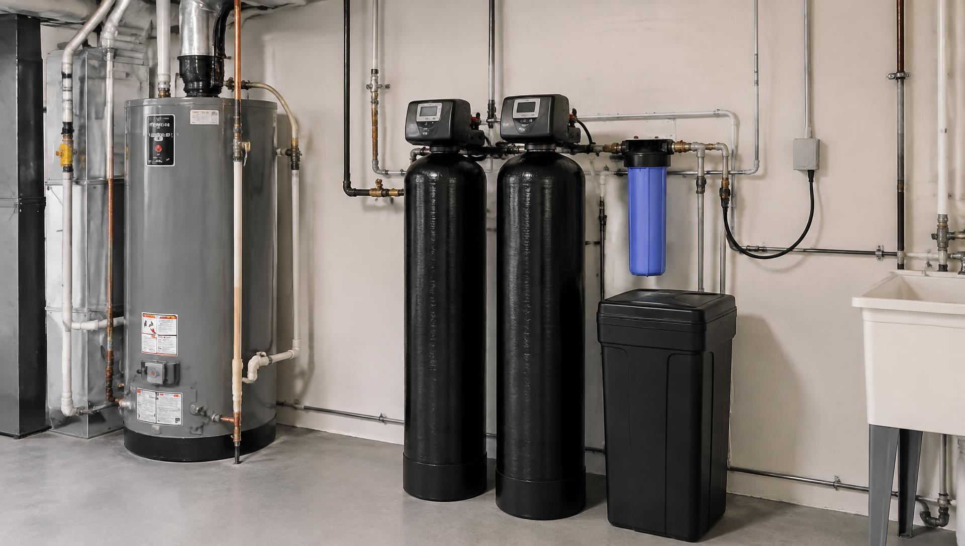A whole-home water filtration system with two matte black mineral tanks professionally installed in a clean basement utility room