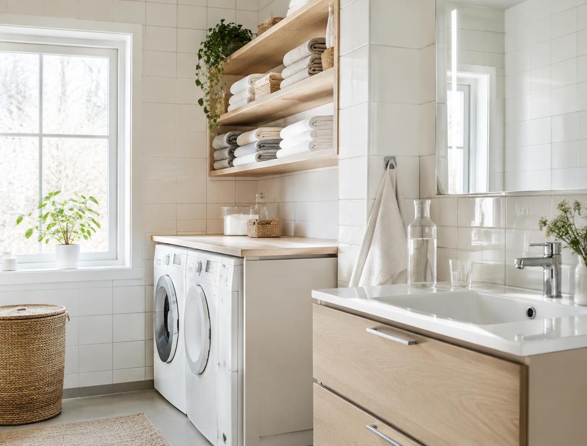 Bright laundry and bathroom area with washer, sink, and folded towels