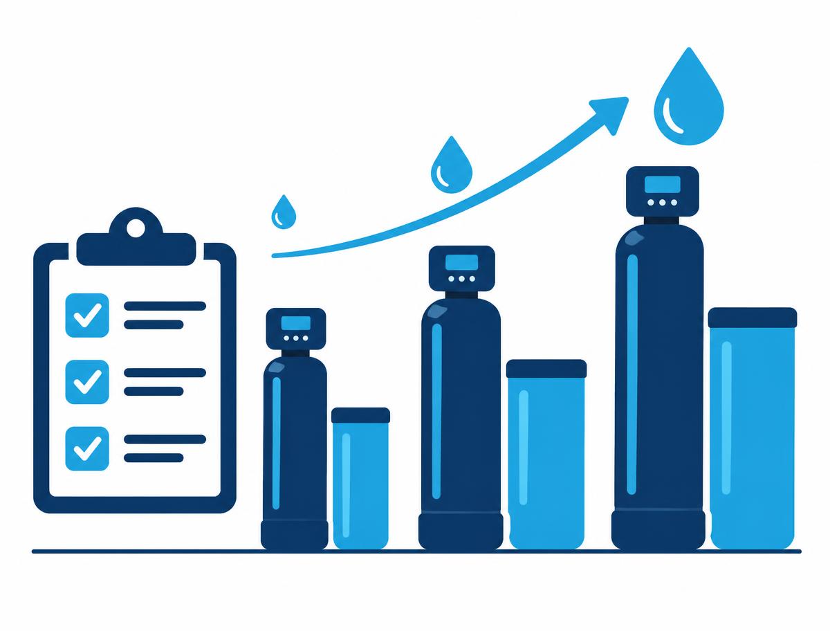 Illustration of a checklist beside water softeners of increasing size, representing how to evaluate and compare systems