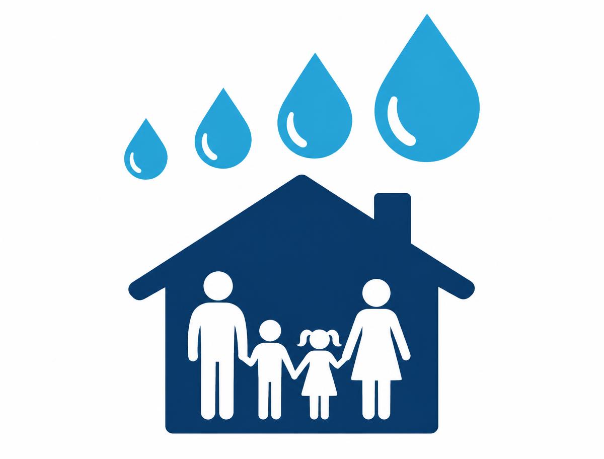 Illustration of a family home with water drops of increasing size above it, representing how water softener sizing scales with household water use