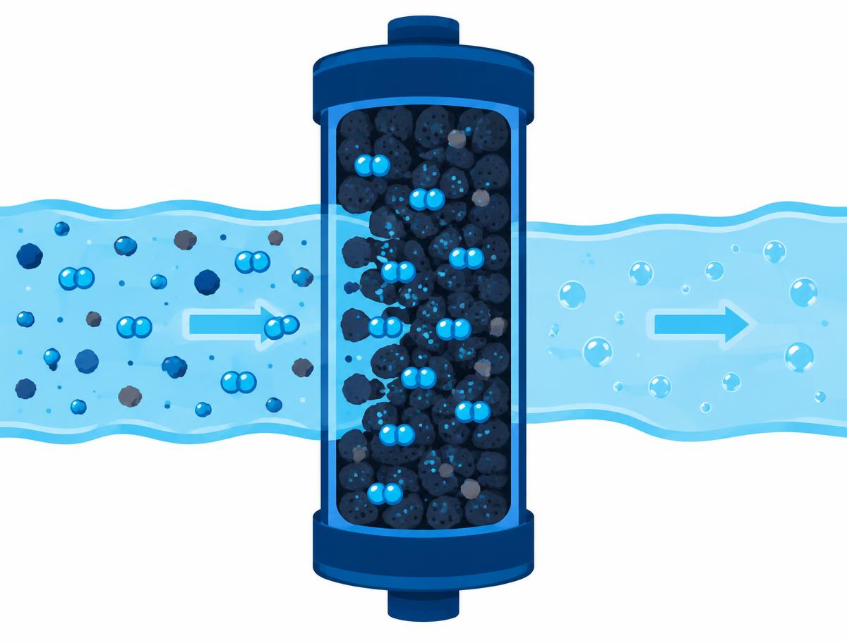 Illustration of an activated carbon filter cartridge trapping chlorine molecules and particles as water flows through