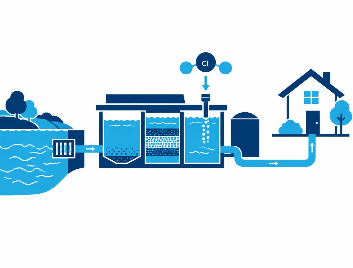 Illustration of a municipal water treatment plant adding chlorine to water before piping it to a house