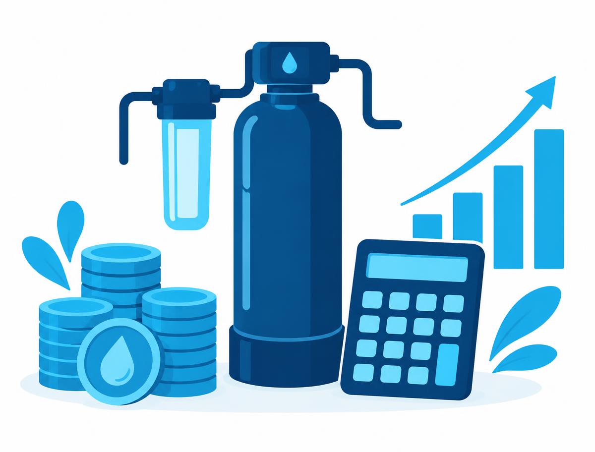 Illustration of a water filtration tank beside coins, a calculator, and a rising bar chart