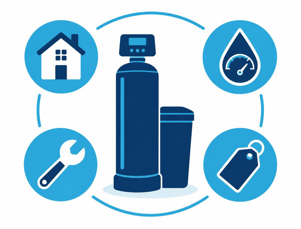 Illustration of a water softener surrounded by the factors that determine its cost: the home, water hardness, installation work, and the price tag