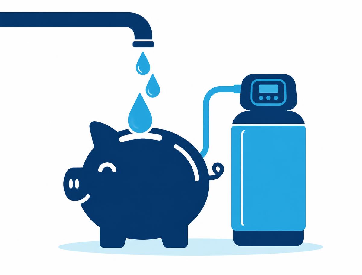 Illustration of water drops flowing into a piggy bank next to a water softener, representing the long-term savings from treating hard water