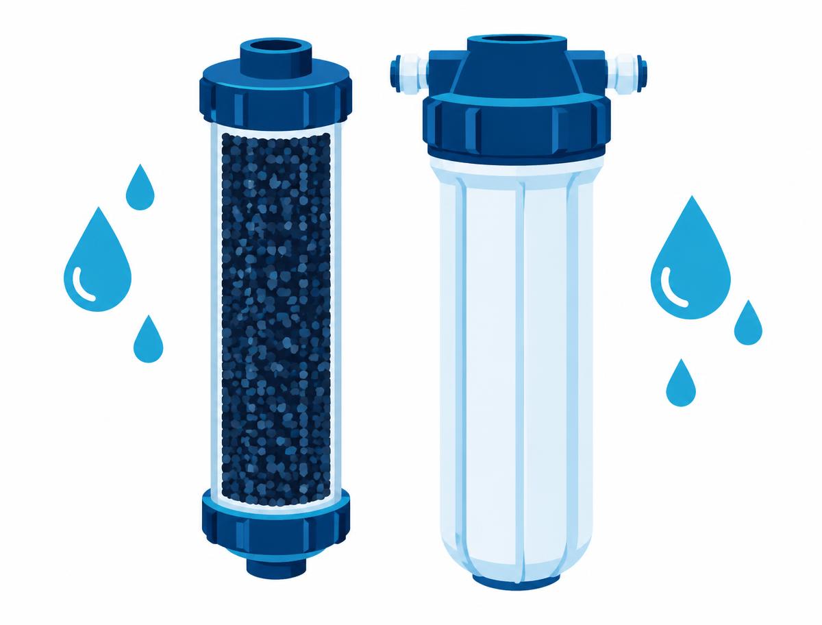 Illustration of a granular activated carbon cartridge beside a reverse osmosis canister with water droplets