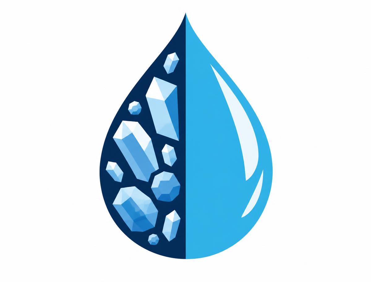 Illustration of a water droplet split in half, one side filled with mineral crystals and the other clean and clear