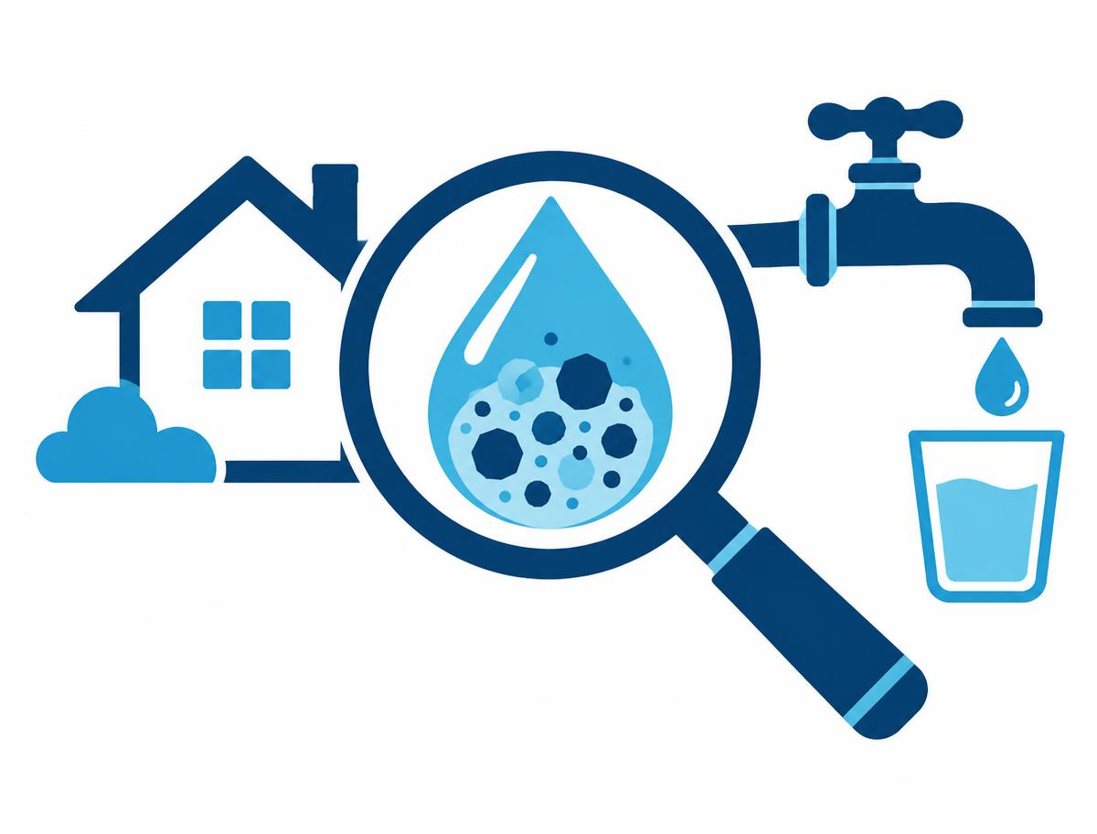 Illustration of a magnifying glass over a water drop revealing mineral particles, with a house and faucet nearby