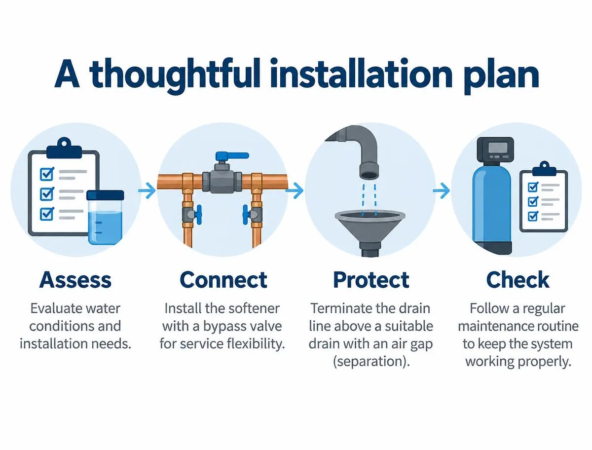 Four conceptual installation stages: assess, connect, protect, and check