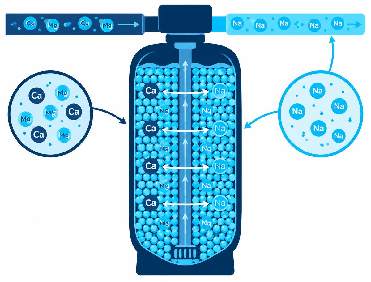 Diagram of a water softener tank showing calcium and magnesium ions being captured by resin beads while sodium ions are released into the water