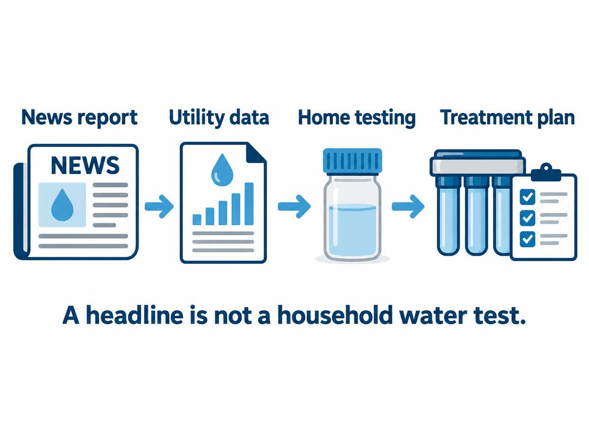 Four-step diagram from a news report to utility data, home testing and a treatment plan