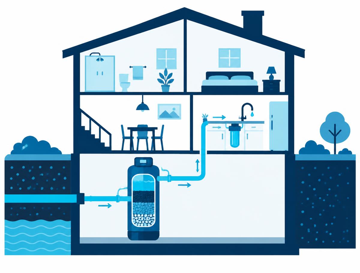 Illustration of a house cutaway showing a whole-home treatment tank where water enters the basement and a small filter under the kitchen sink