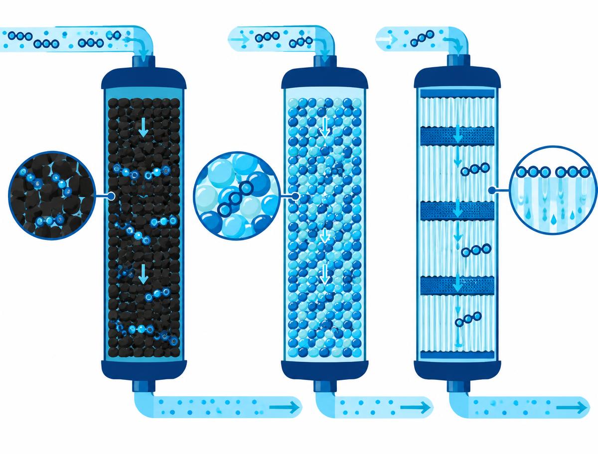 Illustration of three treatment columns: granular activated carbon, ion exchange resin beads, and a layered membrane, each capturing chain-shaped molecules