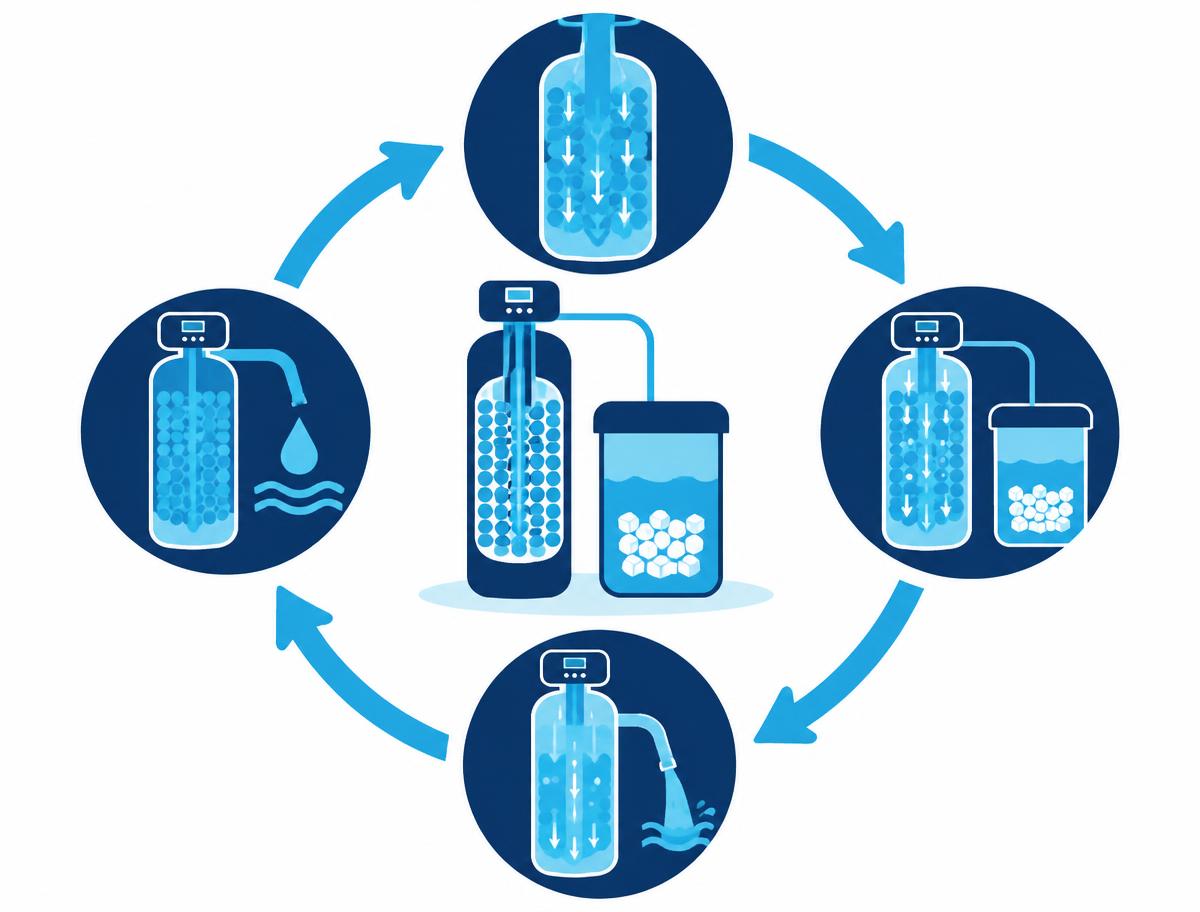 Circular diagram of the four stages of a water softener regeneration cycle around a softener and brine tank