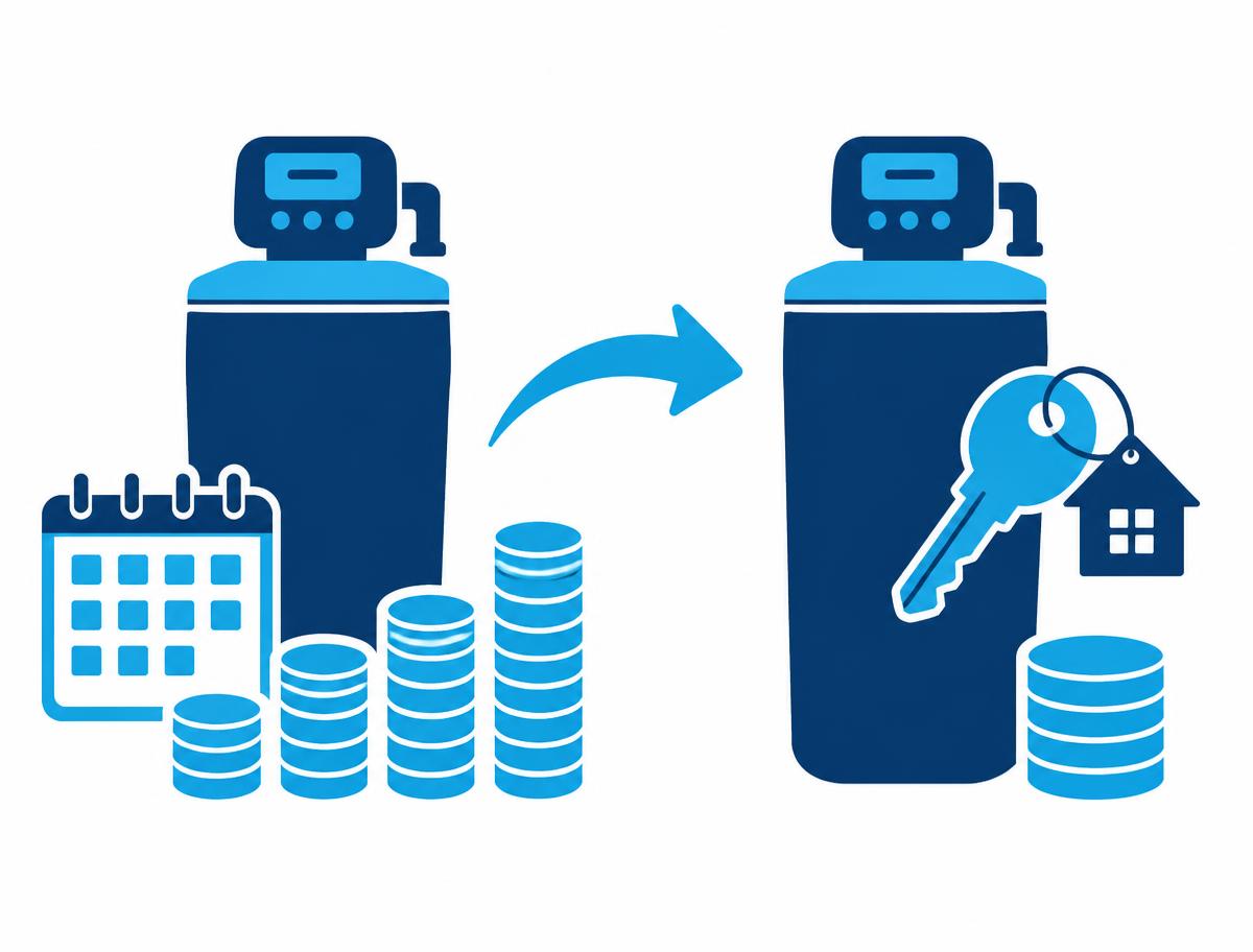 Illustration of a rented water softener beside a calendar and growing stacks of coins, with an arrow pointing to an owned softener with a house key and a single stack of coins