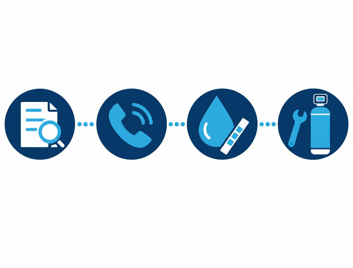 Illustration of four connected steps: reviewing a document, making a phone call, testing water with a strip, and installing a new softener with a wrench