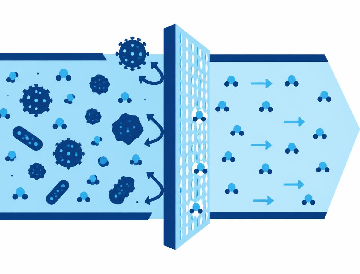 Illustration of a reverse osmosis membrane allowing water molecules through while blocking larger contaminant particles