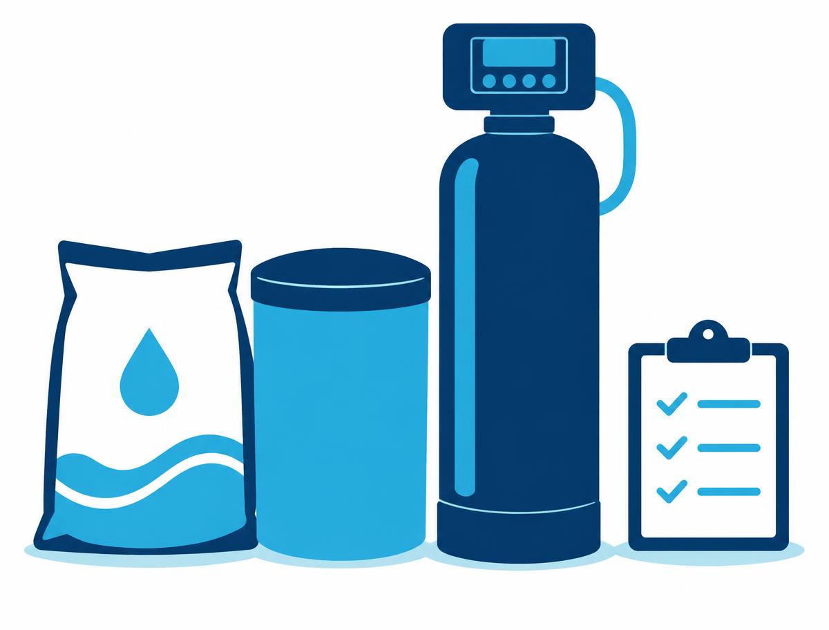 Illustration of a salt bag, a brine tank, and a water softener beside a maintenance checklist