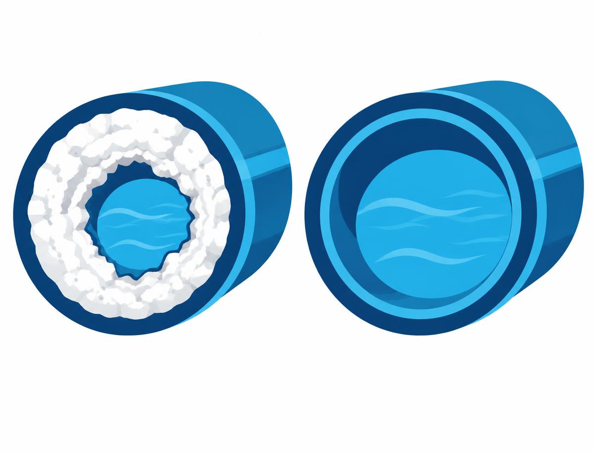 Cross-section illustration comparing a pipe narrowed by white mineral scale buildup with a clean, open pipe