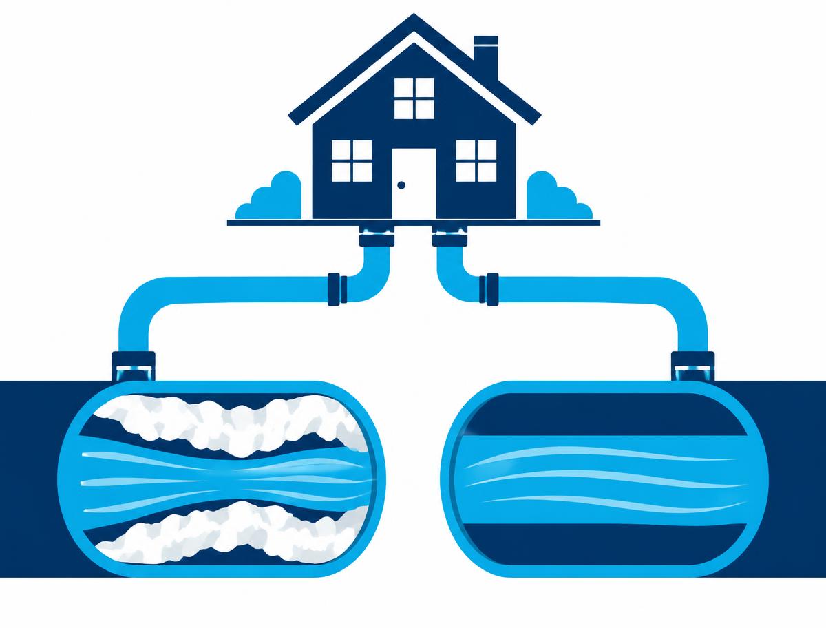 Illustration of a house with two pipes, one narrowed by white scale buildup and one clean and fully open