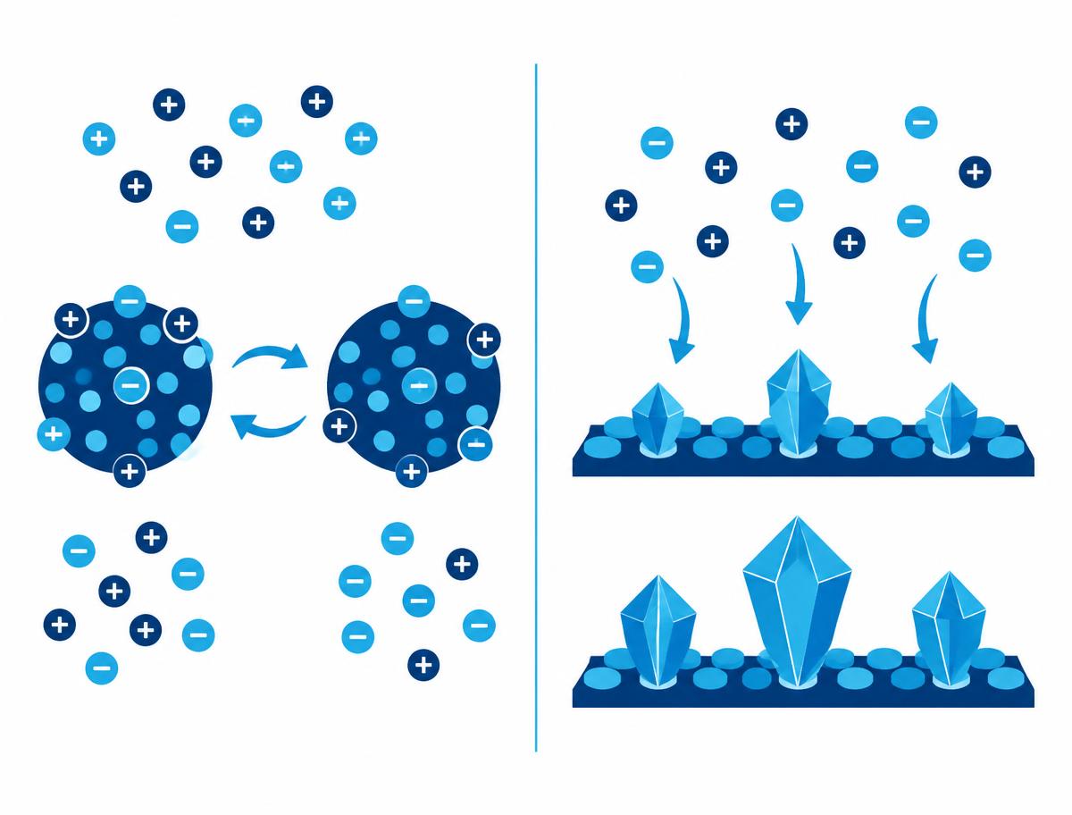 Illustration comparing ion exchange, where resin beads swap mineral ions, with template assisted crystallization, where minerals form crystals on a surface