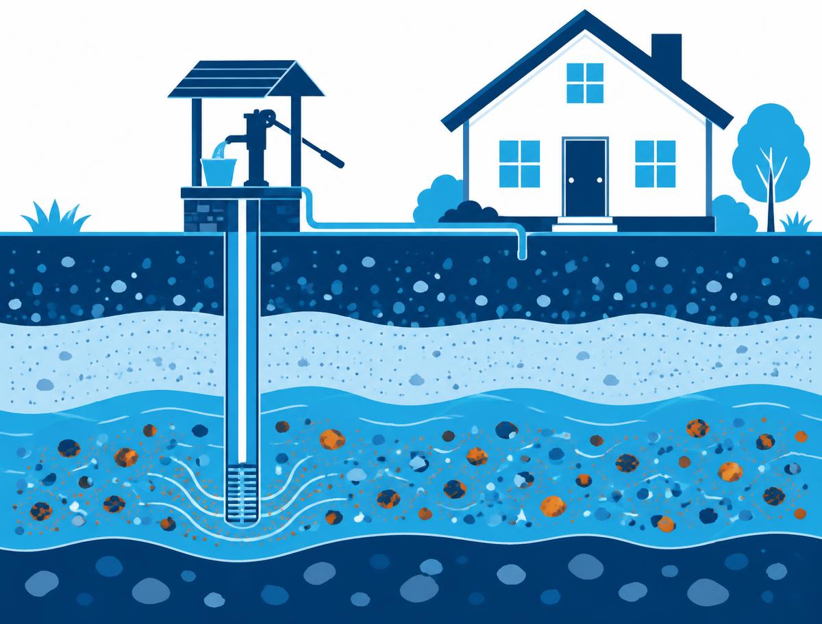 Illustration of a home water well drawing from an underground aquifer containing iron and mineral particles