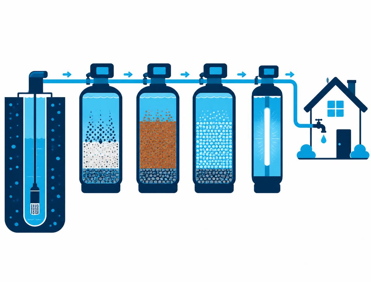 Illustration of a well water treatment sequence: sediment filter, iron filter, softener, and UV unit connected in a row from well to house