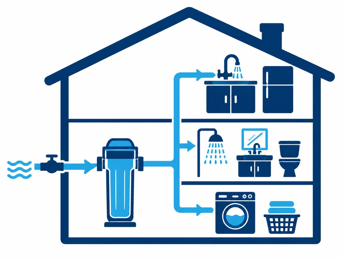 Illustration of a house with a whole-home filter on the main water line, with treated water branching to the kitchen, bathroom, and laundry
