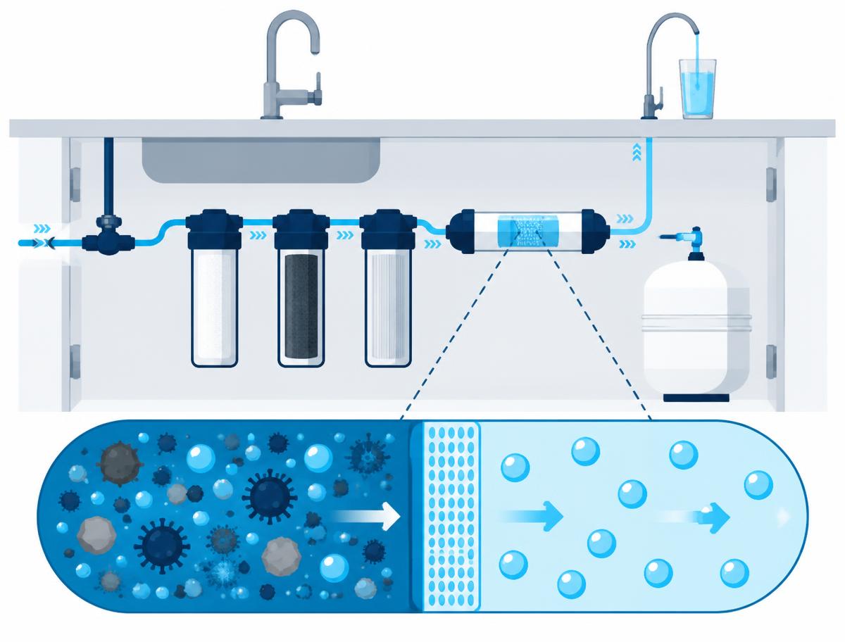 Illustration of an under-sink reverse osmosis system showing water passing through filter stages and a membrane that separates pure water from contaminants
