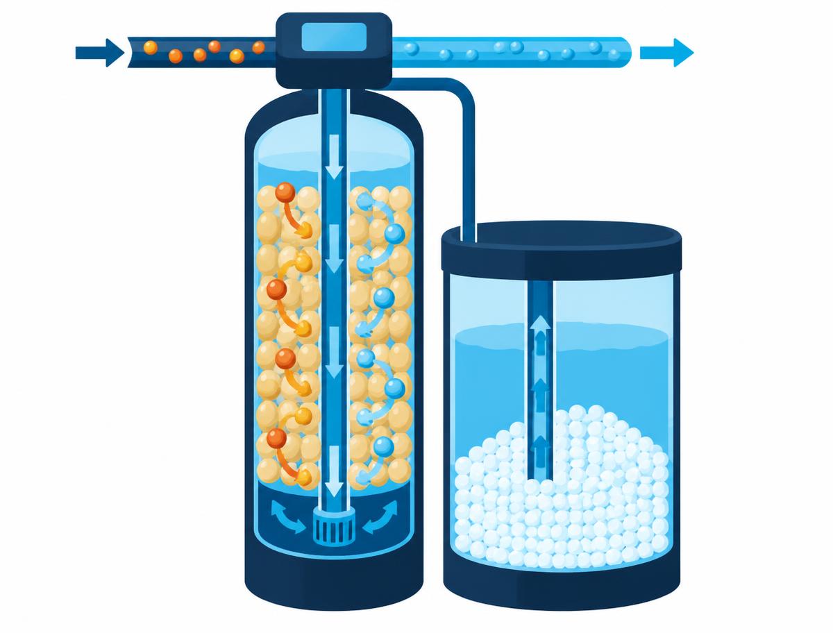 Illustration of a water softener tank and brine tank showing ion exchange, where resin beads swap hardness minerals for sodium