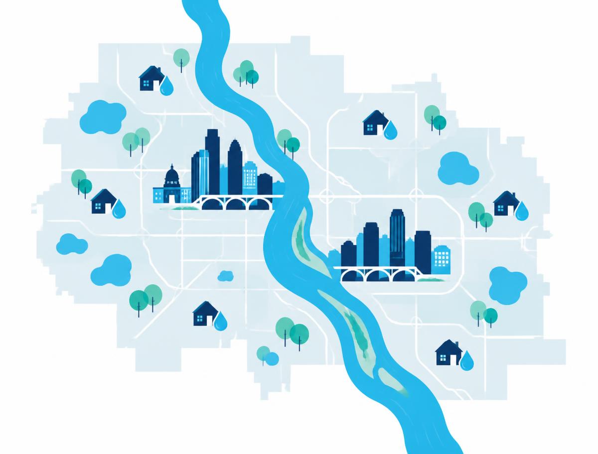 Illustrated map of the Twin Cities metro with the Mississippi River, Minneapolis and St. Paul skylines, and homes with water drops