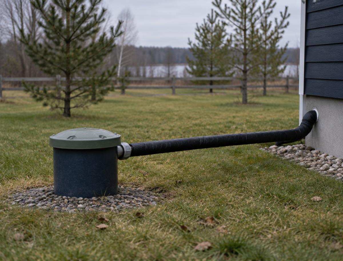 Private well head with a green domed cap in a yard, insulated water line running to the house foundation